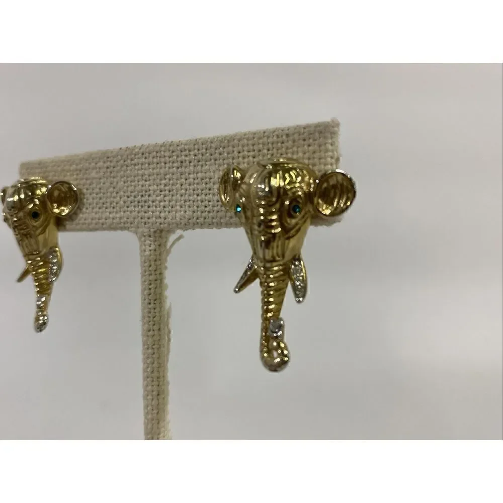 Vintage Elephant Pierced Earrings Rhinestone Gold Faux Emerald Eyes‎